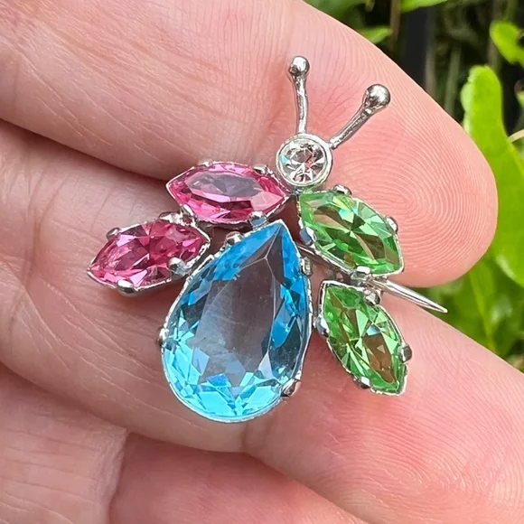 DESIGNER VINTAGE 925 SS CRYSTAL BEETLE BUG PIN BROOCH VIBRANT BLUE PINK GREEN
